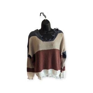This & More Contemporary Women Multicolor Striped Distressed Knit Sweater Medium